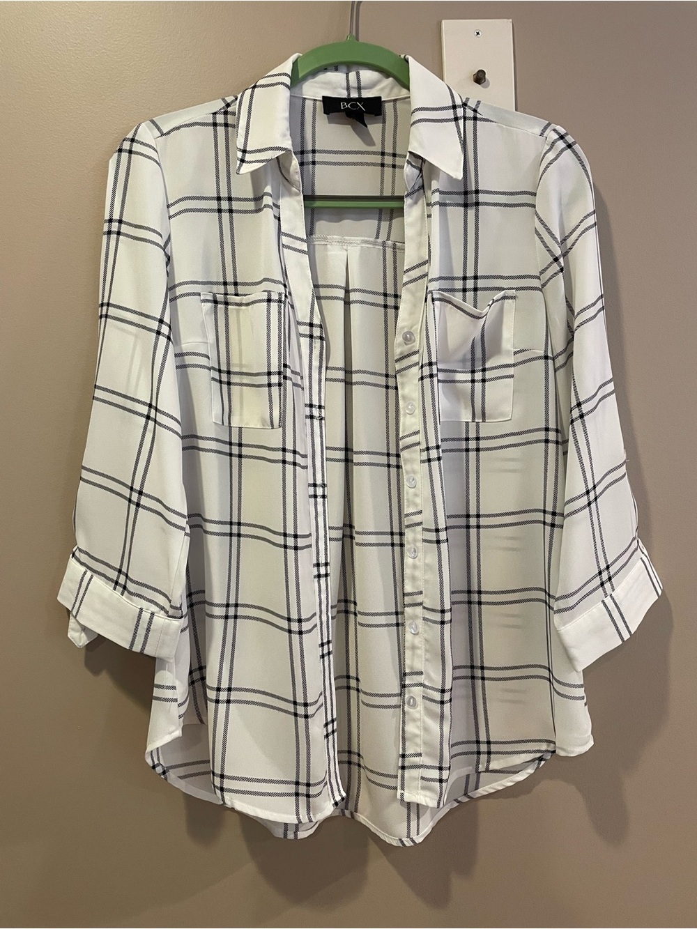 BCX White and Black Plaid Button-Front Shirt
